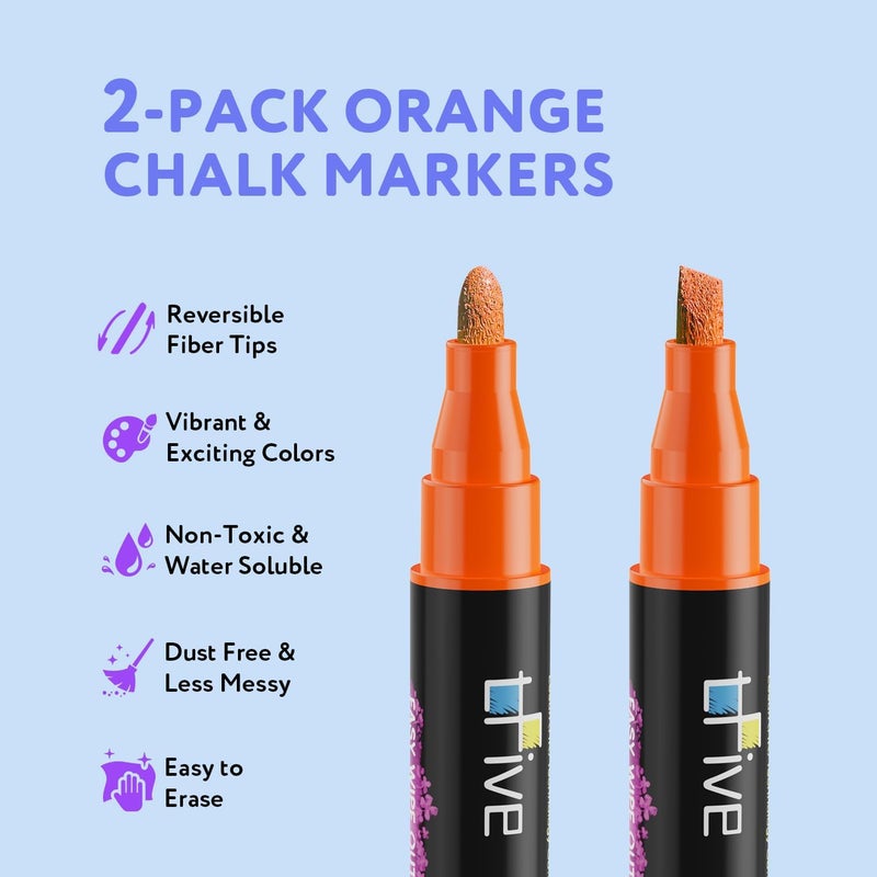 TFIVE Orange Liquid Chalk Markers - 2 Pack Bright Colors Erasable Chalk Marker Pens, Reversible Tip, Non-Toxic, for Chalkboards, Signs, Glass, Easy to use Chalk markers TF800 - Image 2